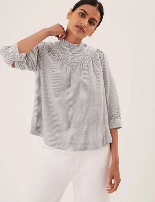 M&S Collection + Pure Cotton Striped Embroidered Top