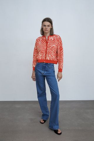 Zara + Knit Cardigan With Animal Print