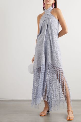 Jacquemus + Cortese Fringed Appliquéd Tweed Halterneck Maxi Dress