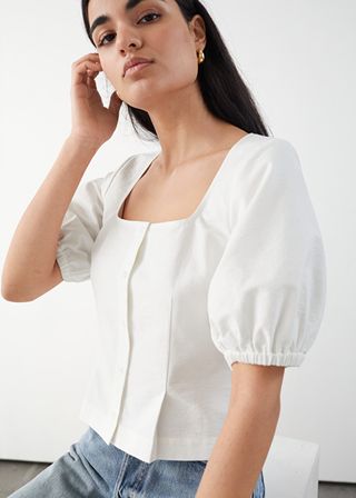 & Other Stories + Square Neck Puff Sleeve Twill Top
