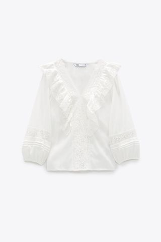 Zara + Lace Blouse With Ruffle Trims