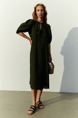 H&M + Tie-Detail Linen-Blend Dress