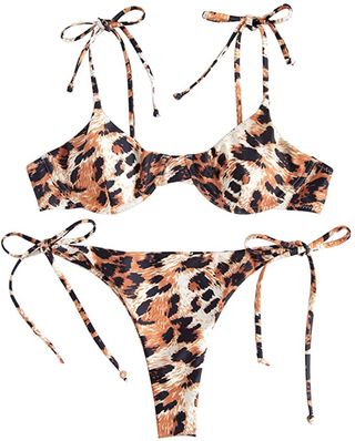 Zaful + Leopard Print Underwire Tie String Triangle Bikini Set Swimsuit