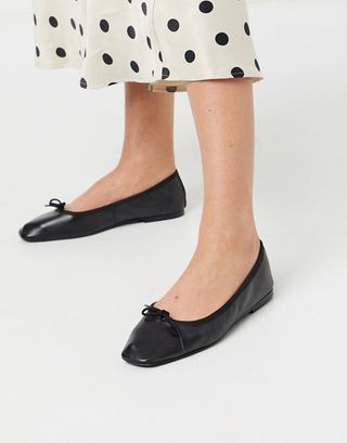 ASOS Design + Layer Leather Bow Ballet Flats in Black