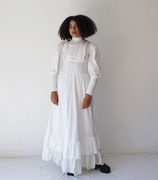 Vintage + 1970s White Cotton Prairie Wedding Dress