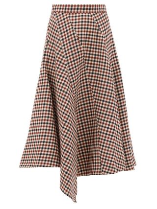 JW Anderson + Checked Asymmetric Hem Virgin-Wool Midi Skirt