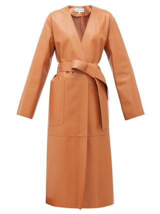 Loewe + Collarless Belted Leather Coat