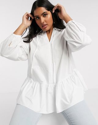 Glamorous Curve + Smock Shirt with Frill Collar and Peplum Hem in Cotton