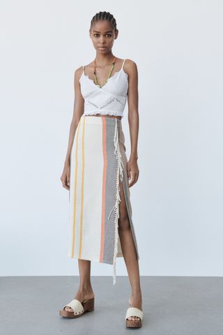 Zara + Striped Skirt With Fringing