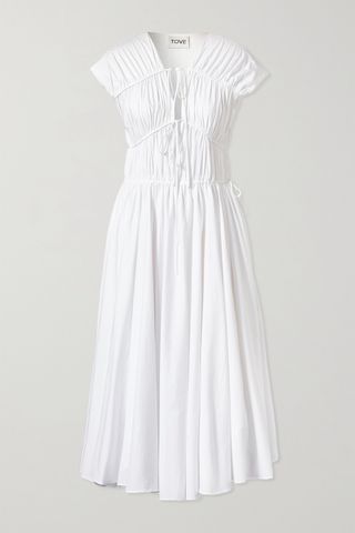 Tove + Ceres Tie-Detailed Gathered Cotton-Poplin Midi dress