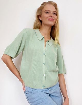 Asos Design + Collared Jumper With Button Placket Detail in Light Green