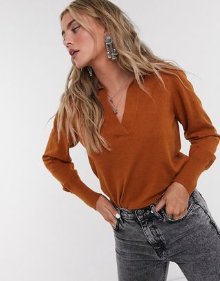Object + V Neck Jumper With Collar in Camel