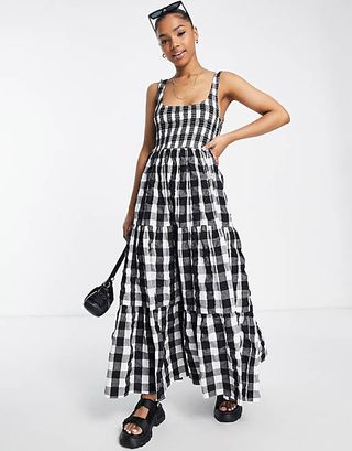 ASOS Design + Shirred Maxi Sundress With Tiers in Mono Gingham