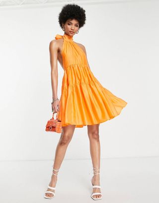 ASOS Design Tall + Halter Tiered Voile Mini Dress With Tie Back Detail in Orange