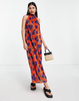 ASOS Design + Plisse Column Midi Sleeveless Dress in Orange and Blue Rose