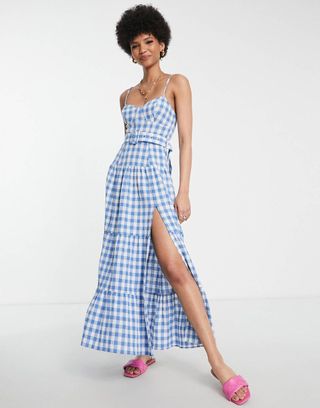 ASOS Tall + Tiered Belted Maxi Sundress in Blue Gingham