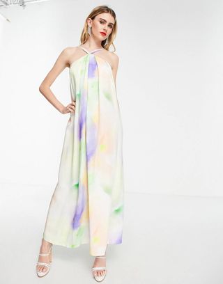 ASOS Edition + Halter Trapeze Linen Midi Dress in Watercolour Print