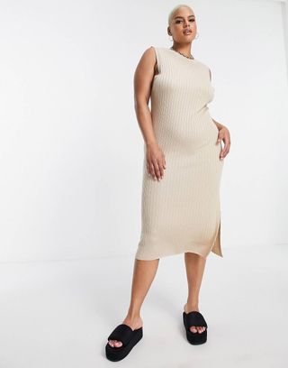 ASOS Design Curve + Knitted Maxi Dress in Wide Rib With Low Back Detail in Oatmeal