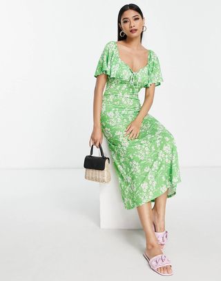 ASOS Design + Flutter Sleeve Midi Tea Dress With Tie Detail in Green Floral