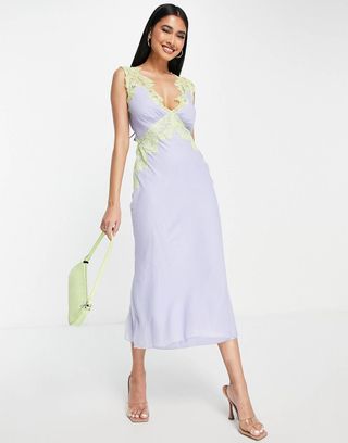 ASOS Design + Bias Cut Chiffon Midi Dress With Applique Lace in Lilac