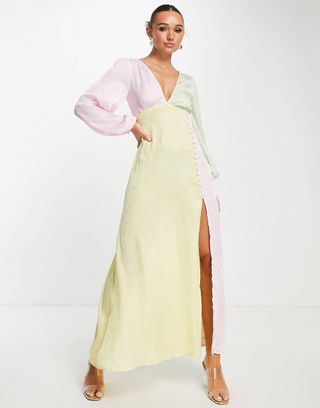 ASOS Design + Balloon Sleeve Colourblock Jacquard Strappy Back Maxi Dress