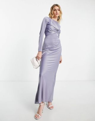 ASOS Design + Twist Front Long Sleeves Satin Maxi Dress in Lilac