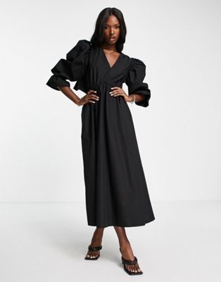 ASOS Edition + Open Back Midi Dress With Puff Sleeve in Black