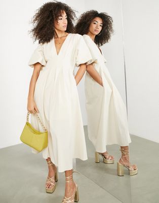 ASOS Edition + Pleat Waist Midi Dress With Blouson Sleeve in Cream