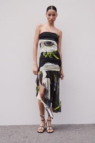 Zara + Strapless Printed Tulle Dress
