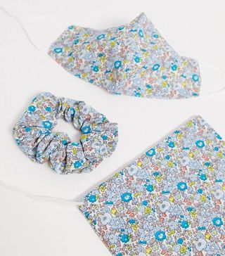 ASOS Design + Blue Floral Face Covering With Pouch and Scrunchie