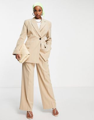 ASOS Design + Asymmetric Suit Blazer in Pinstripe Camel