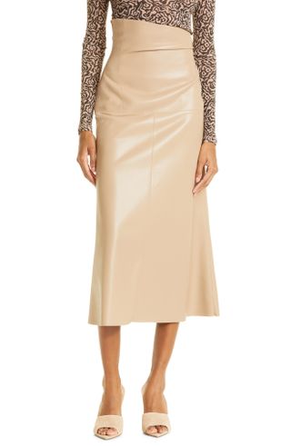 Nanushka + Melody Asymmetric Waist Faux Leather Midi Skirt