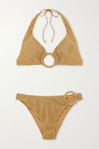 Oséree + Embellished Stretch-Lurex Halterneck Bikini