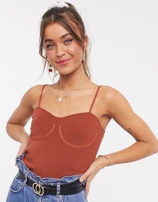 Asos Design + Corset Detail Knitted Ribbed Cami in Brown