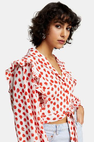 Topshop + Red Spot Frill Tie Front Blouse