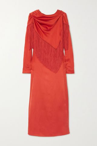 Gabriela Hearst + Fringed Draped Silk-Cloqué Midi Dress