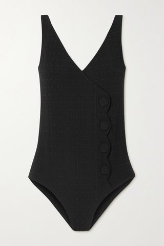 Lisa Marie Fernandez + + Net Sustain Button-Embellished Seersucker Swimsuit