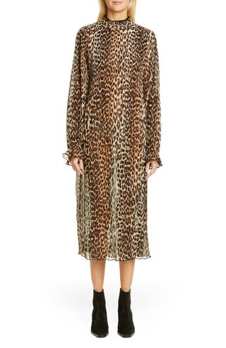 Ganni + Leopard Print Sheer Georgette Long Sleeve Midi Dress