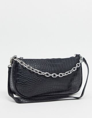 My Accessories London + 90s Shoulder Bag With Chain in Black Croc