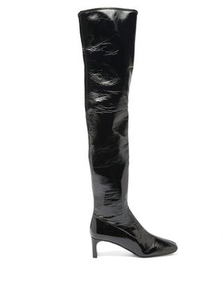 Prada + Square-Toe Patent-Leather Over-The-Knee Boots
