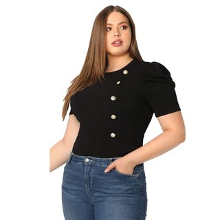 Floerns + Button Side Mock Neck Puff Sleeve Top