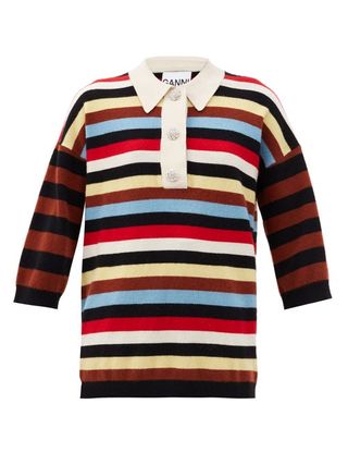 Ganni + Crystal-Embellished Striped Cashmere Rugby Shirt