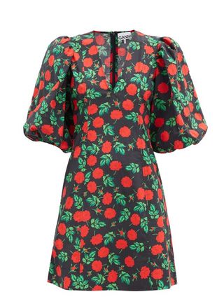 Ganni + Rose-Print V-Neck Cotton Mini Dress