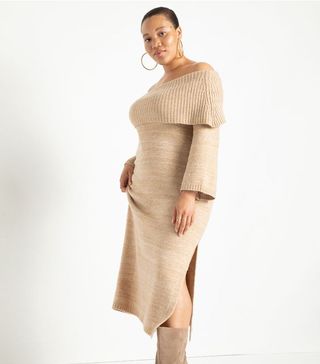 Eloquii + Off the Shoulder Maxi Flare Sleeve Sweater Dress
