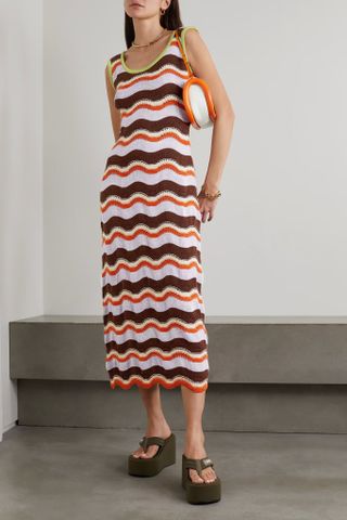 La Double J + Striped Crocheted Cotton Maxi Dress