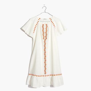 Madewell + Embroidered Linen-Blend Raglan Ruffle Mini Dress