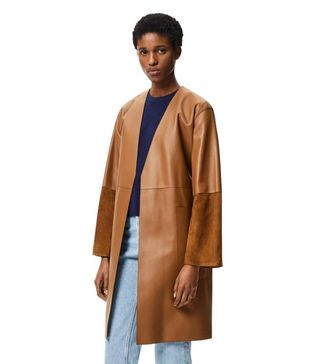 Loewe + Collarless Short Belted Coat in Nappa and Suede