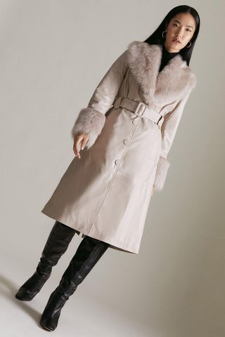 Karen Milen + Shearling Cuff and Collar Leather Coat
