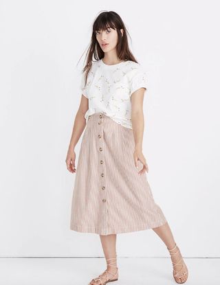 Madewell + Patio Button-Front Midi Skirt in Clay Stripe