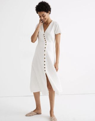 Madewell + Linen-Blend Button-Wrap Midi Dress